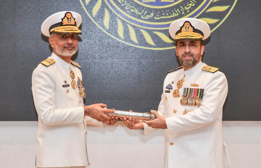 Rear Admiral Khayber Zaman takes over as Commander Pakistan Fleet at Fleet Headquarters in Karachi.