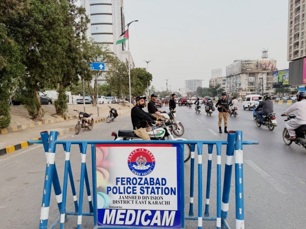 Shaheen Force personnel wearing bulletproof jackets conduct patrols and checking in Karachi's District East.