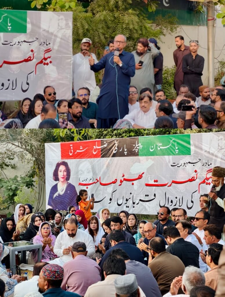 Saeed Ghani addresses PPP workers at a ceremony marking Begum Nusrat Bhutto’s 15th death anniversary in Karachi.