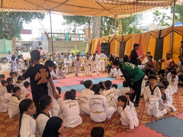 Special athletes and officials at the District West Inter Club and Para Taekwondo Championship 2026 in Karachi
